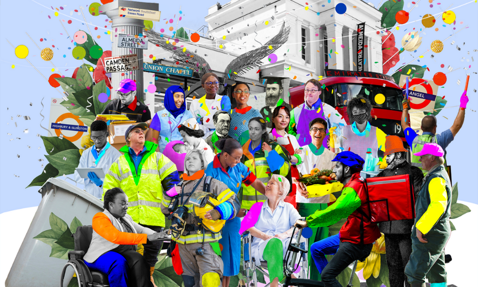 A collage image outside the Almeida Theatre featuring lots of keyworkers from different sectors, with colourful balloons