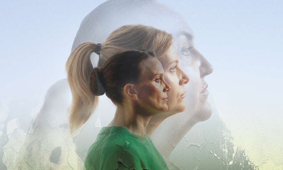 artwork for Dixon and Daughters. A collage of three women's profiles, they are different levels of transparency on a background of a wall with peeling paint.