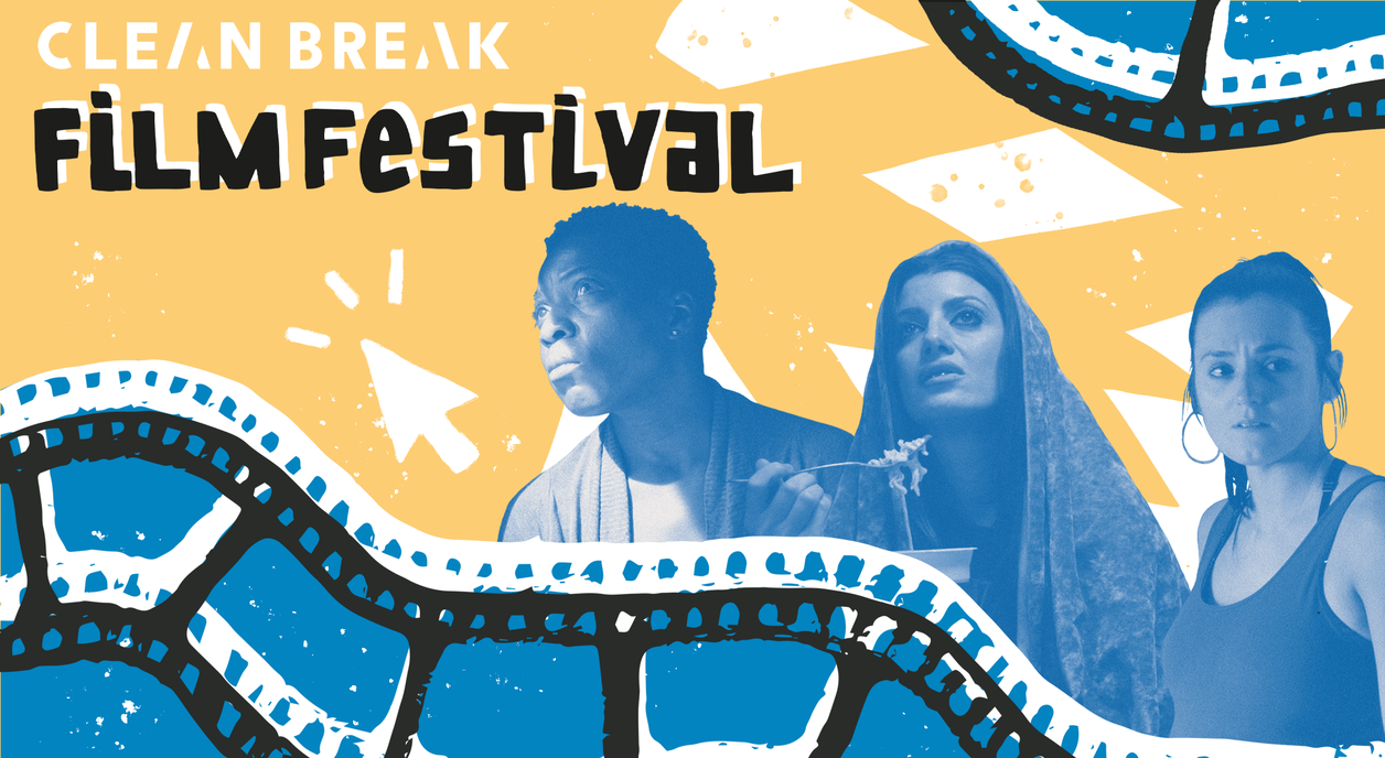 clean break film festival artwork. three stills of Clean Break Members with a blue filter on a yellow background, with illustrated film cells around them