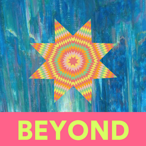 a quilted star on a blue background. A pink block at the bottom has the words 'Beyond a Clean Break Members Festival' on it